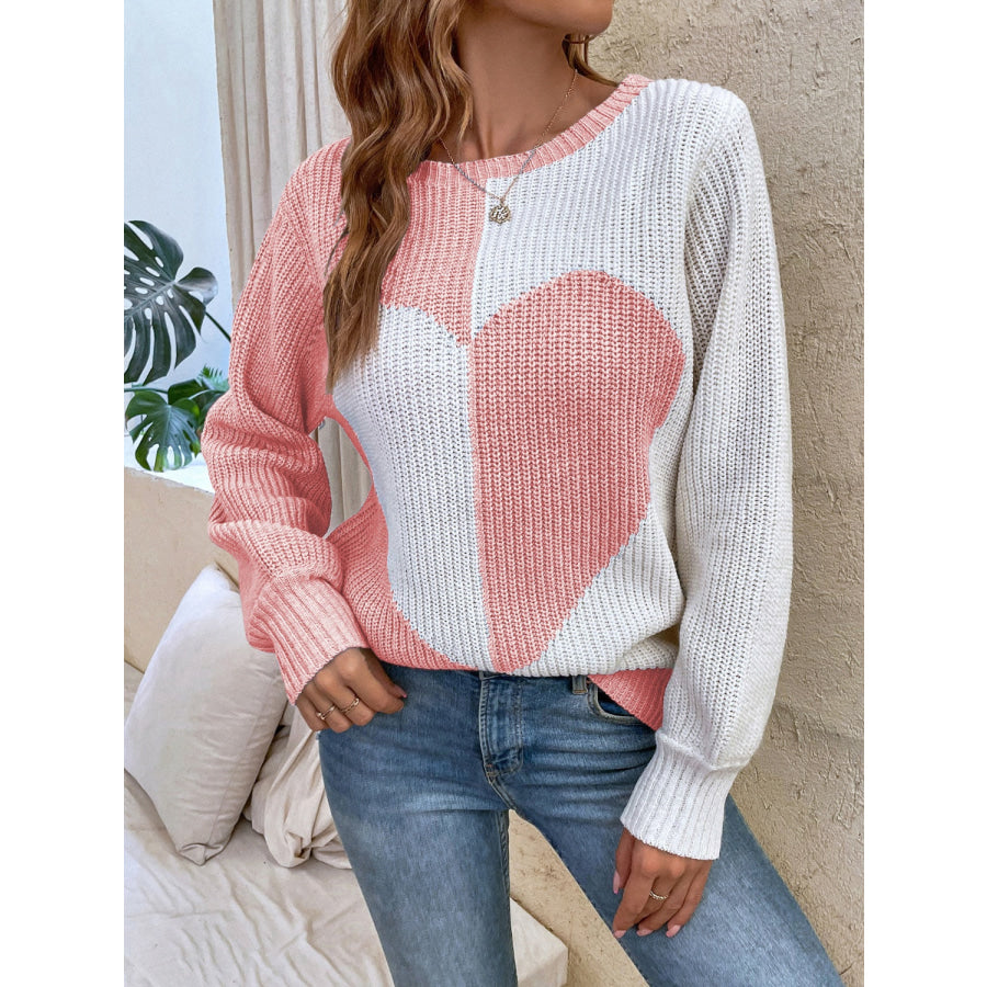 Contrast Heart Round Neck Long Sleeve Sweater Watermelon pink / S Apparel and Accessories