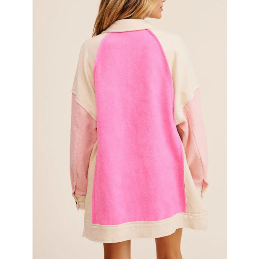 Contrast High Low Button Up Fleece Shacket Pink / S Apparel and Accessories