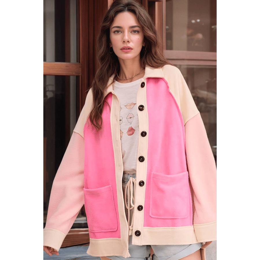 Contrast High Low Button Up Fleece Shacket Pink / S Apparel and Accessories