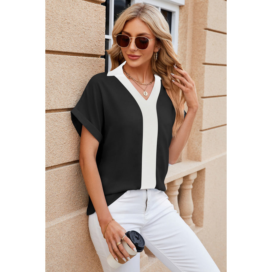 Contrast Johnny Collar Short Sleeve Blouse Apparel and Accessories