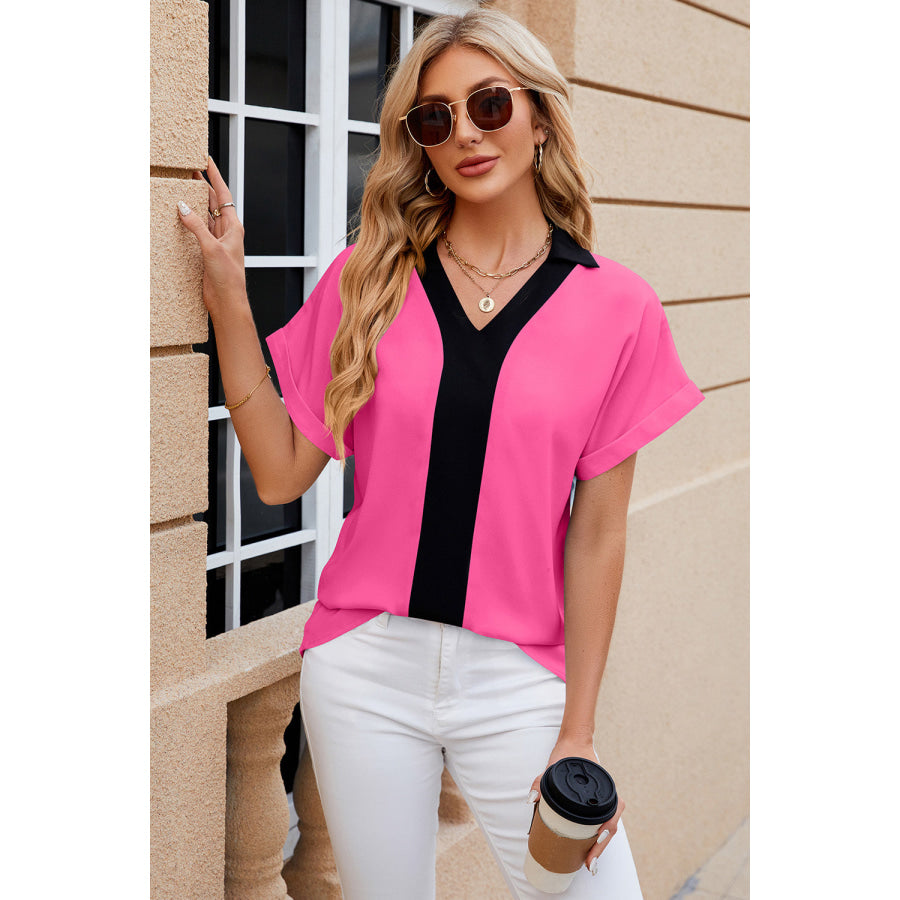 Contrast Johnny Collar Short Sleeve Blouse Apparel and Accessories