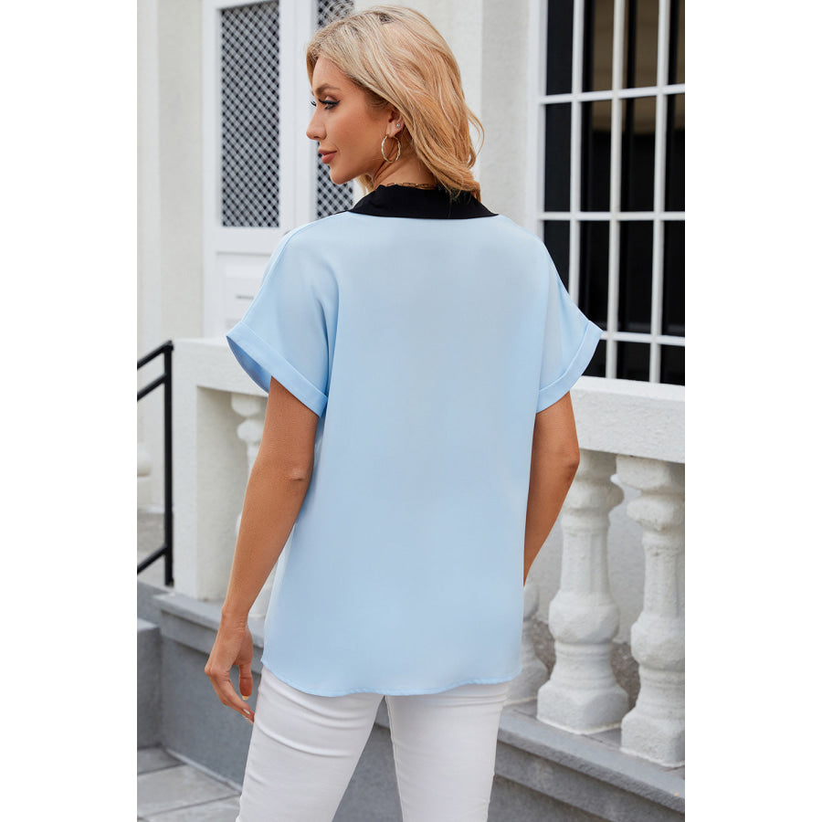 Contrast Johnny Collar Short Sleeve Blouse Apparel and Accessories