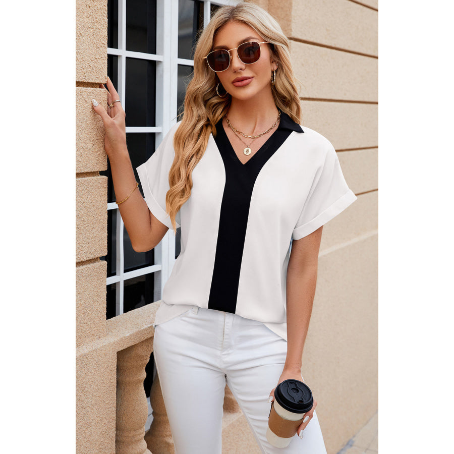 Contrast Johnny Collar Short Sleeve Blouse Apparel and Accessories