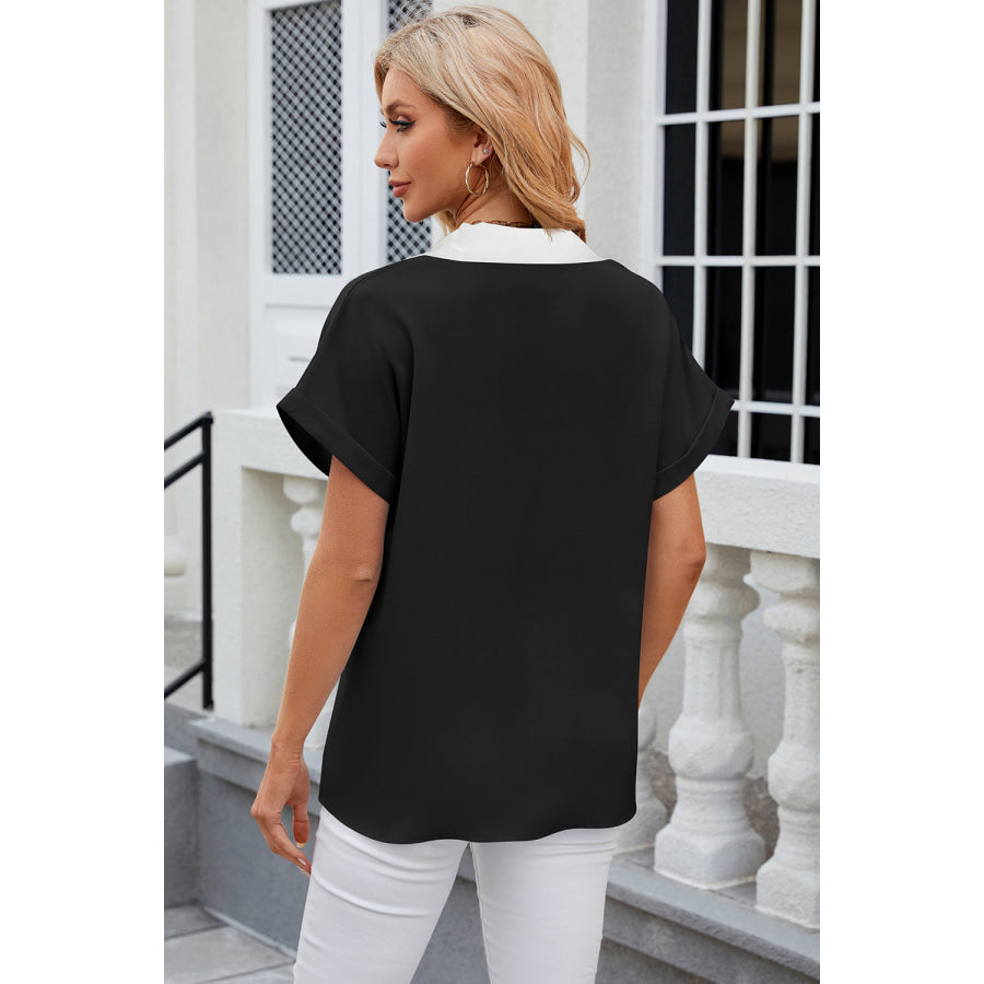 Contrast Johnny Collar Short Sleeve Blouse Apparel and Accessories