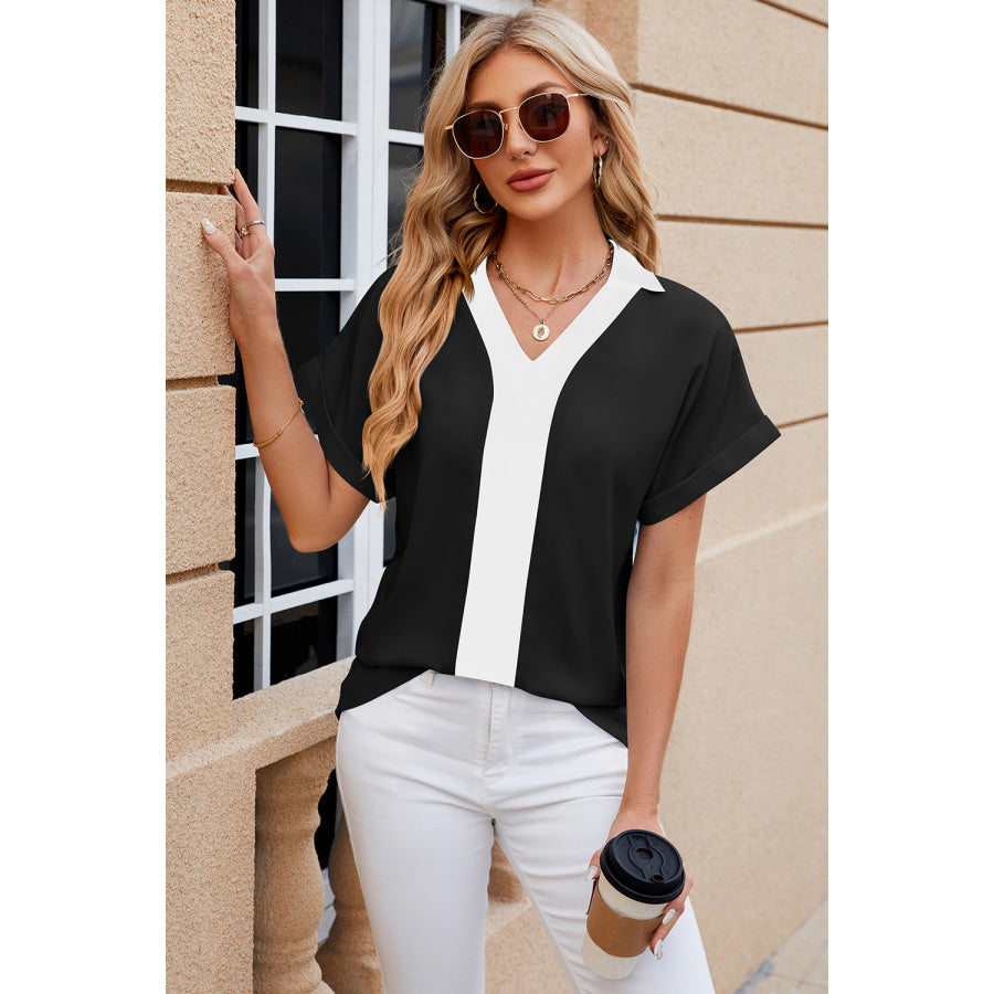 Contrast Johnny Collar Short Sleeve Blouse Apparel and Accessories