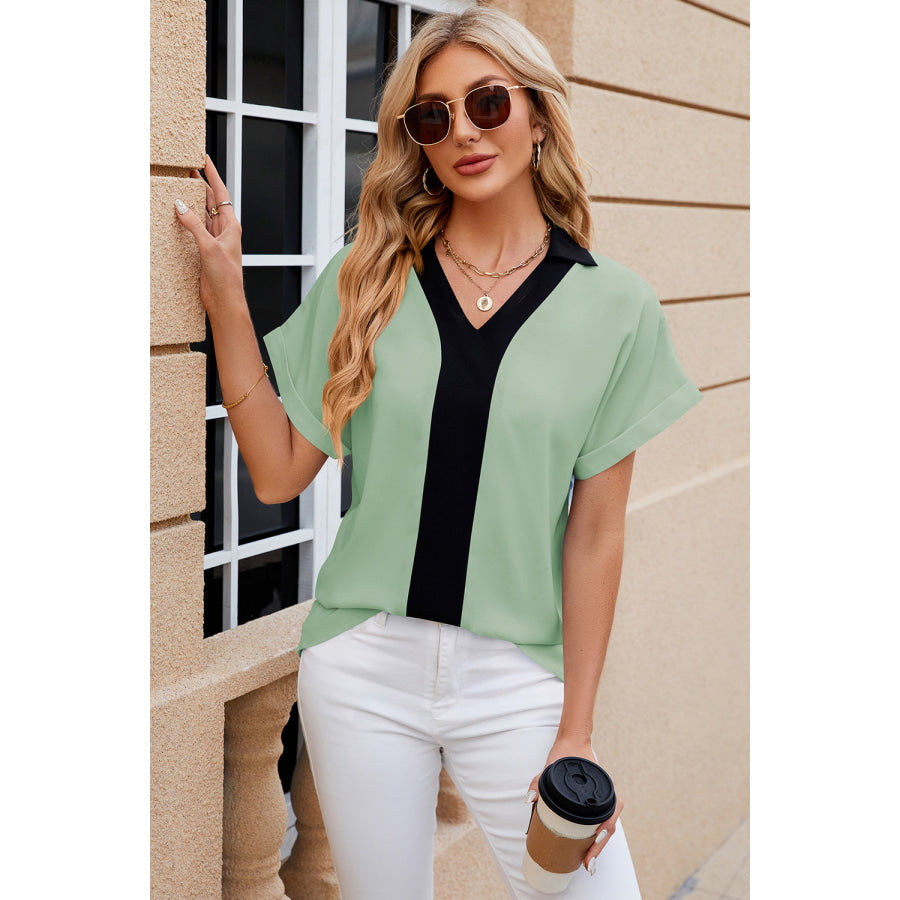 Contrast Johnny Collar Short Sleeve Blouse Apparel and Accessories