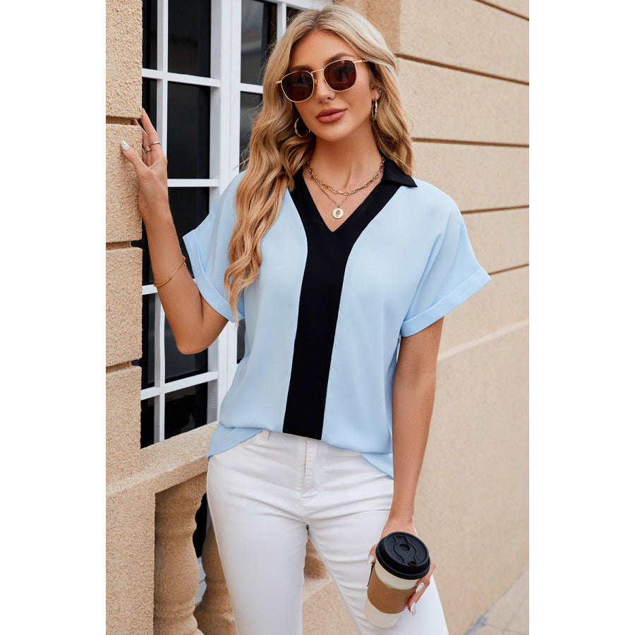 Contrast Johnny Collar Short Sleeve Blouse Apparel and Accessories