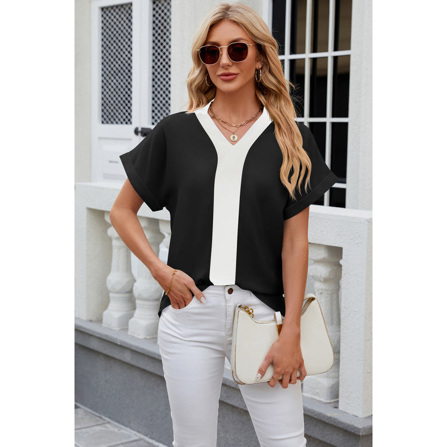 Contrast Johnny Collar Short Sleeve Blouse Black / S Apparel and Accessories