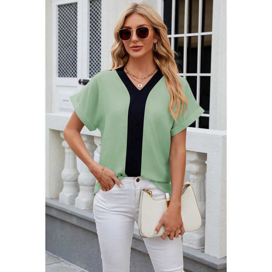 Contrast Johnny Collar Short Sleeve Blouse Gum Leaf / S Apparel and Accessories