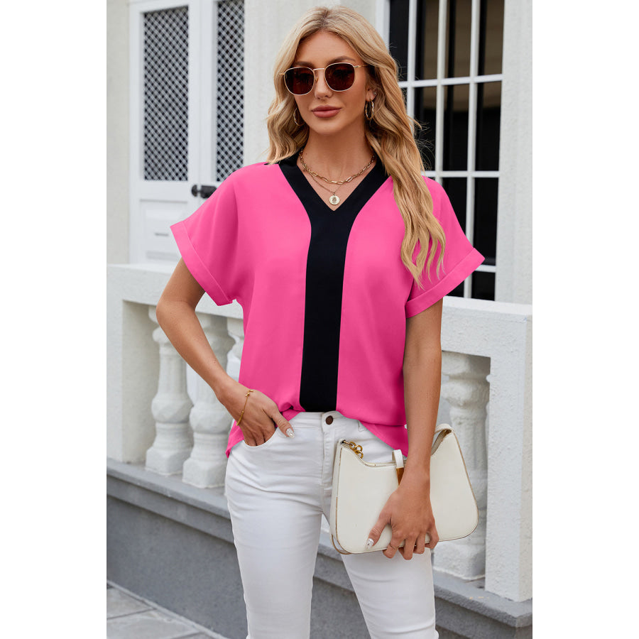 Contrast Johnny Collar Short Sleeve Blouse Hot Pink / S Apparel and Accessories