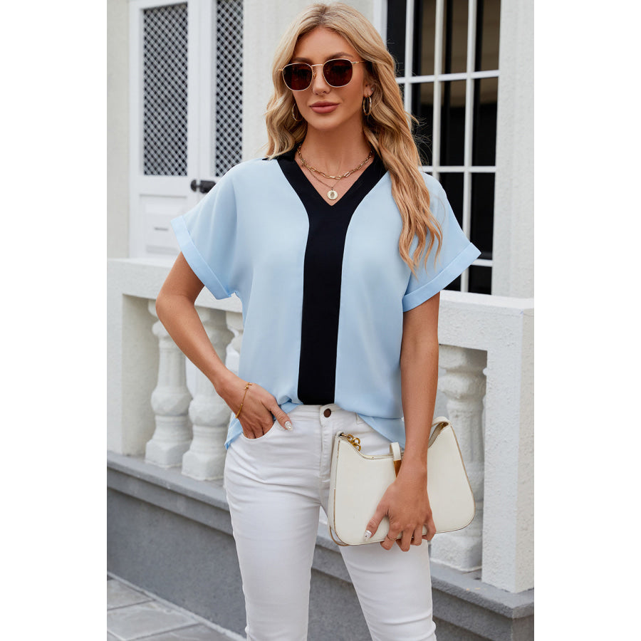 Contrast Johnny Collar Short Sleeve Blouse Pastel Blue / S Apparel and Accessories