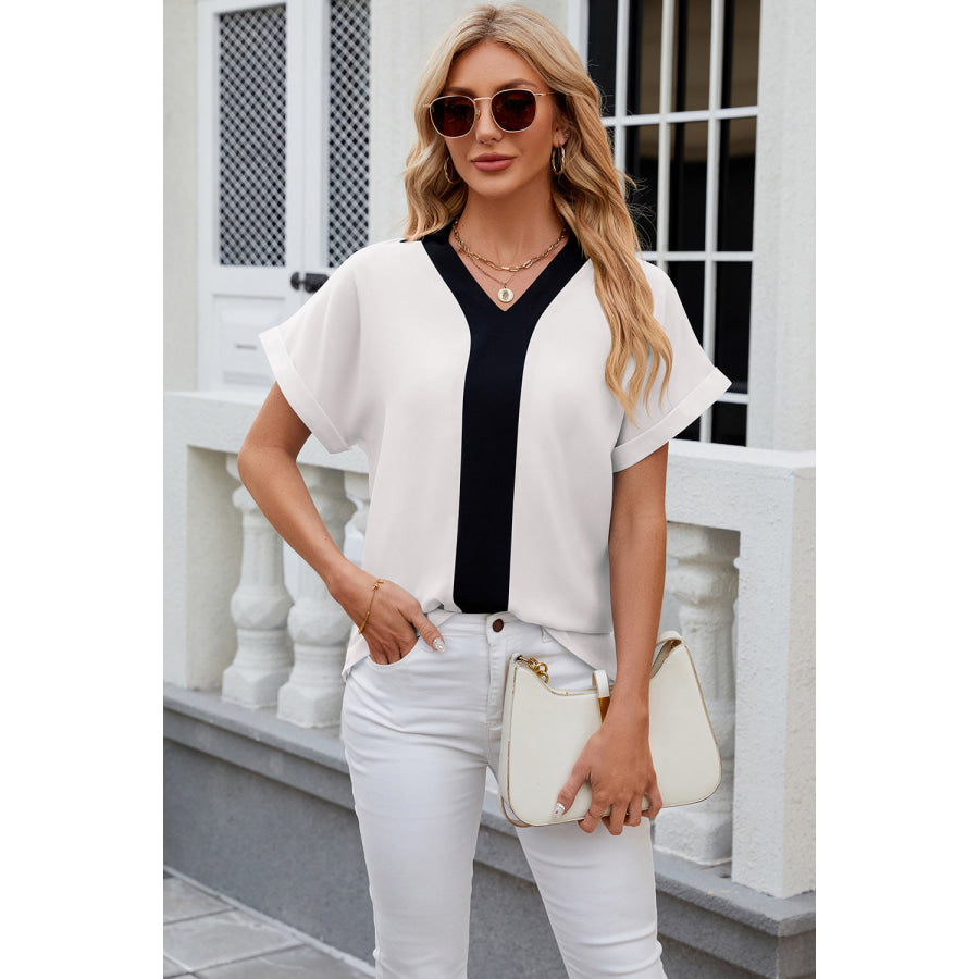 Contrast Johnny Collar Short Sleeve Blouse White / S Apparel and Accessories