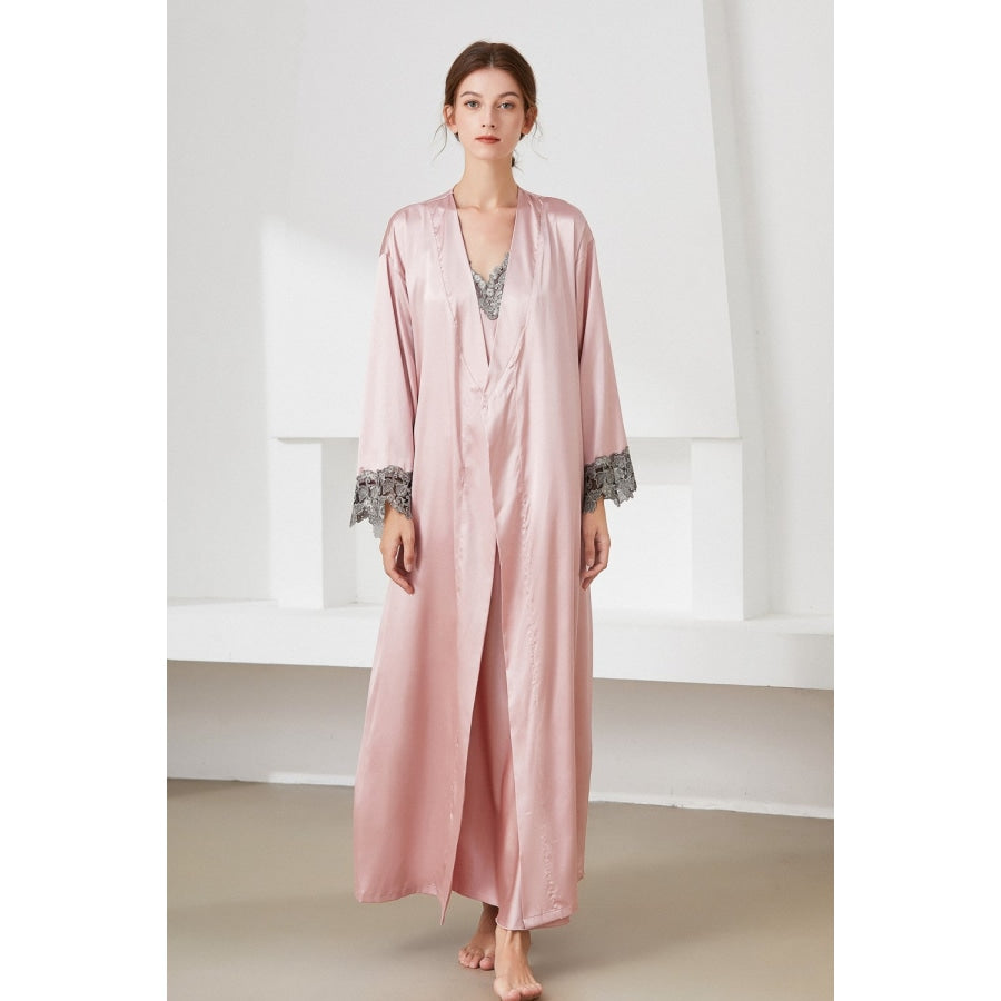 Contrast Lace Trim Satin Night Dress and Robe Set Pink / M