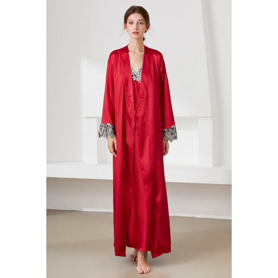 Contrast Lace Trim Satin Night Dress and Robe Set Red / M