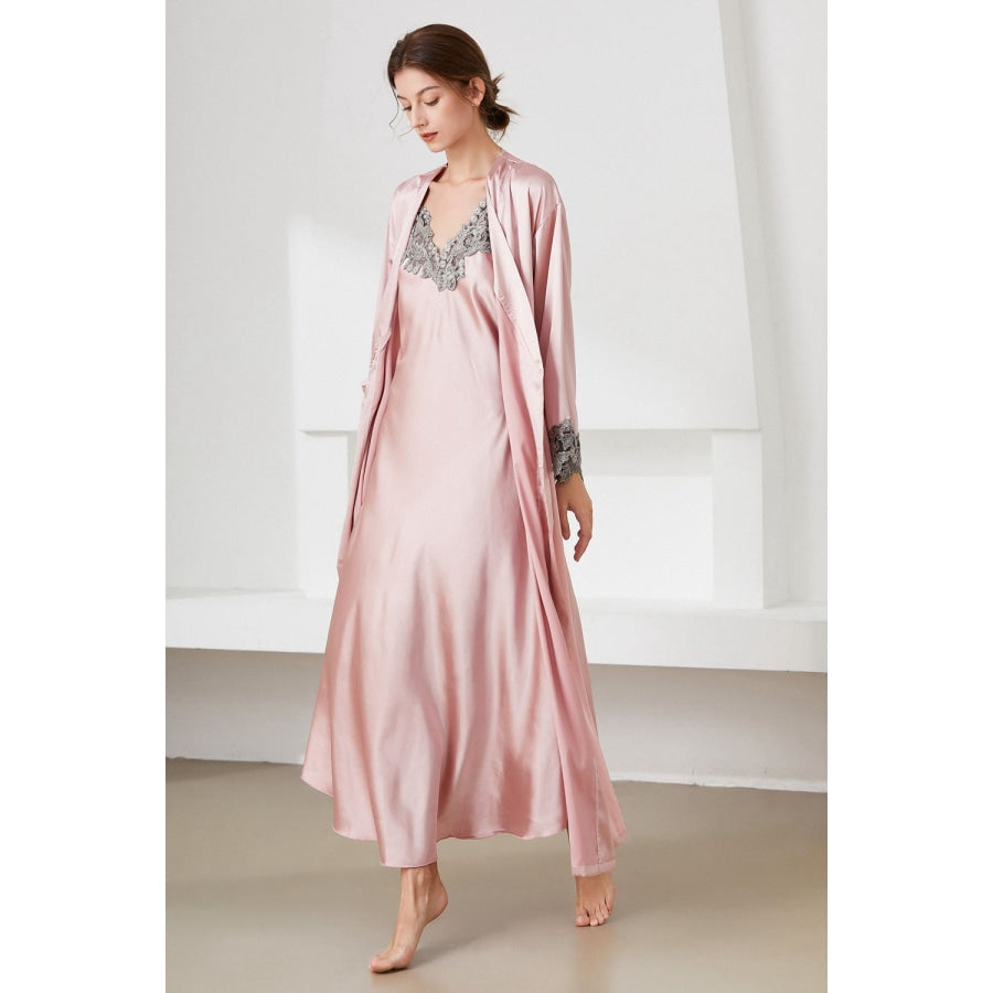 Contrast Lace Trim Satin Night Dress and Robe Set