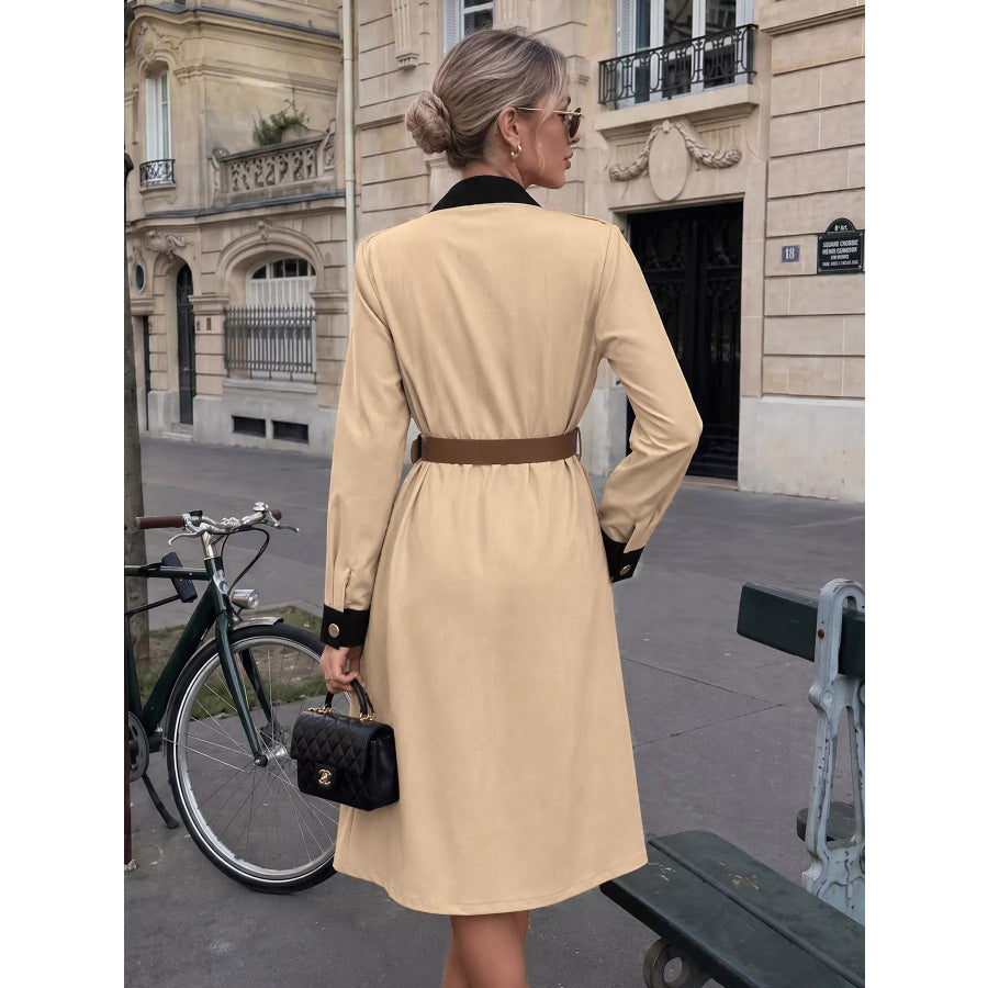 Contrast Lapel Button Front Midi Shirt Dress Apparel and Accessories
