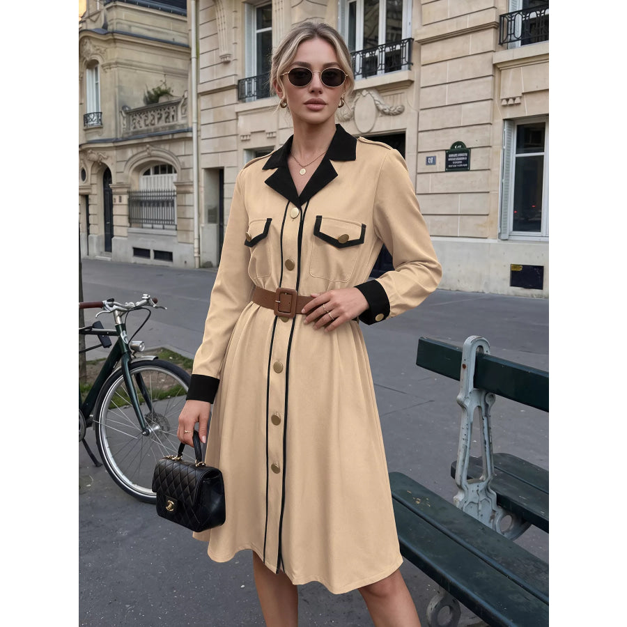 Contrast Lapel Button Front Midi Shirt Dress Apparel and Accessories