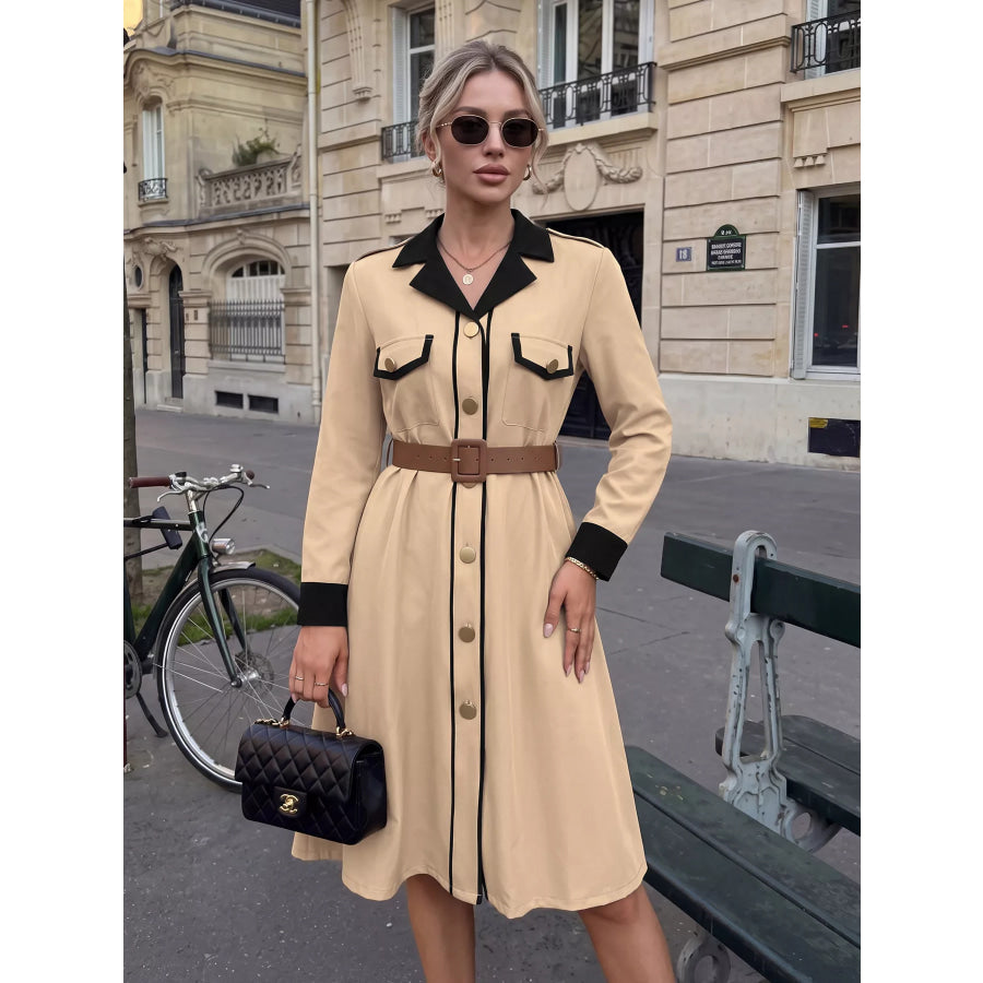 Contrast Lapel Button Front Midi Shirt Dress Apparel and Accessories
