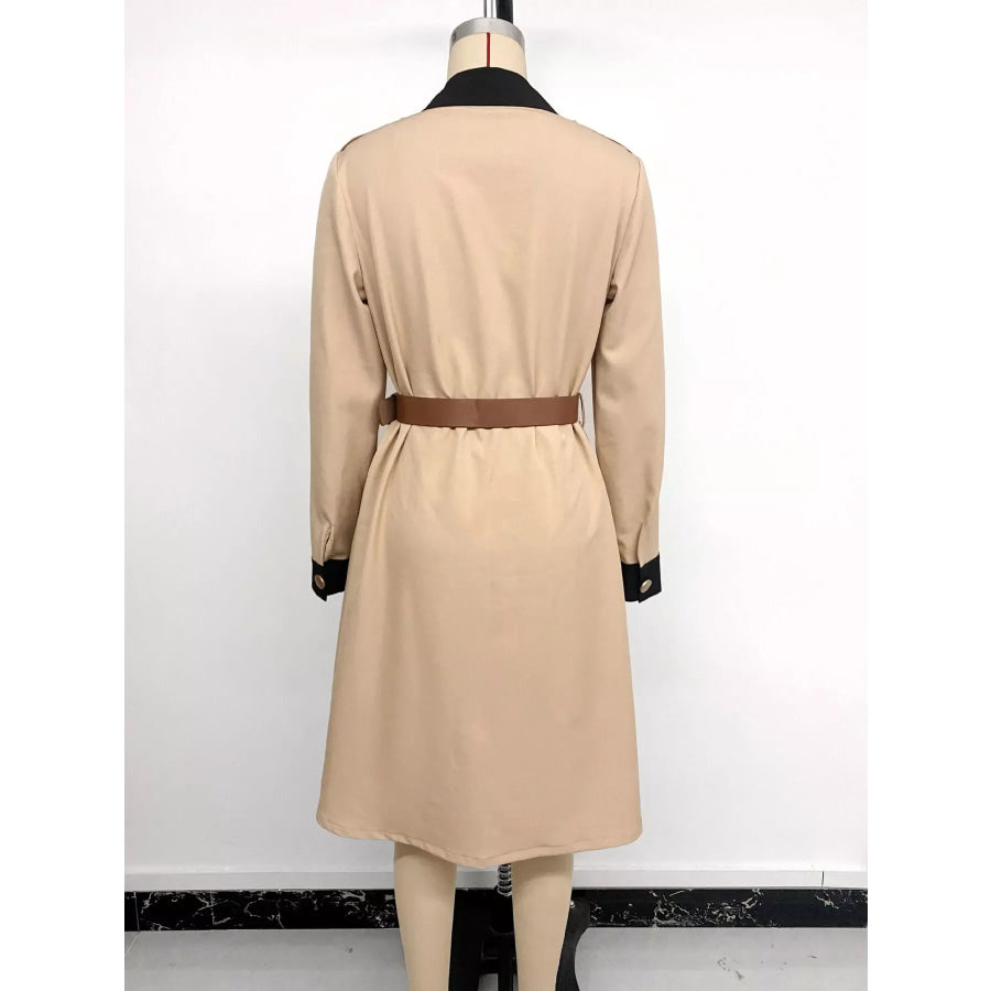 Contrast Lapel Button Front Midi Shirt Dress Apparel and Accessories