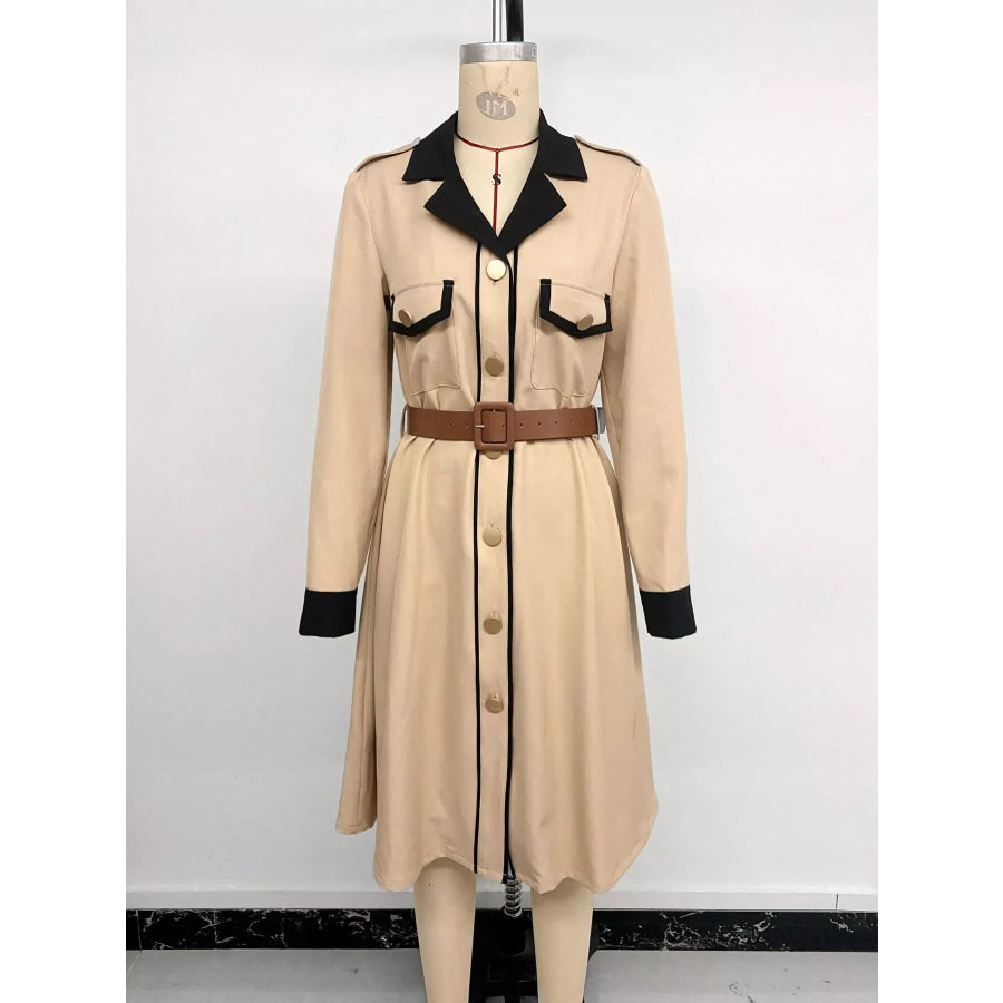 Contrast Lapel Button Front Midi Shirt Dress Apparel and Accessories