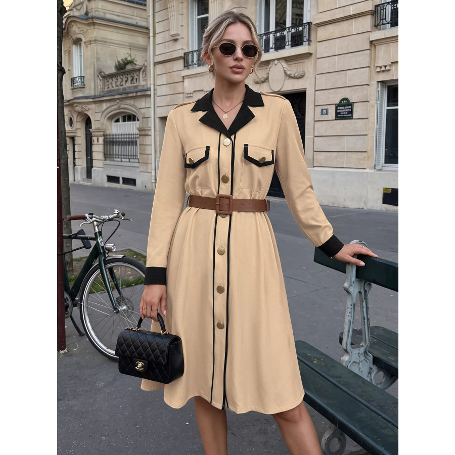Contrast Lapel Button Front Midi Shirt Dress Apparel and Accessories