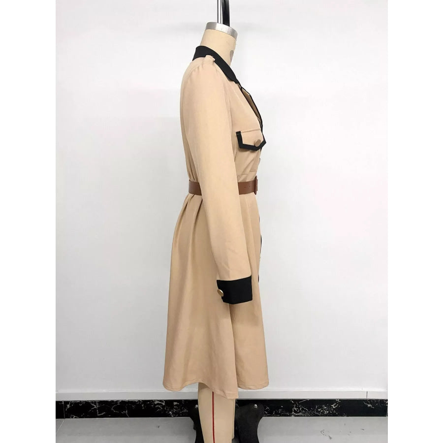 Contrast Lapel Button Front Midi Shirt Dress Apparel and Accessories
