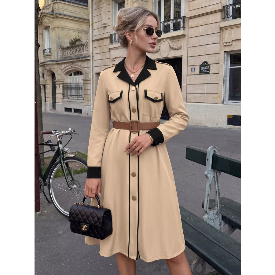 Contrast Lapel Button Front Midi Shirt Dress Khaki / S Apparel and Accessories