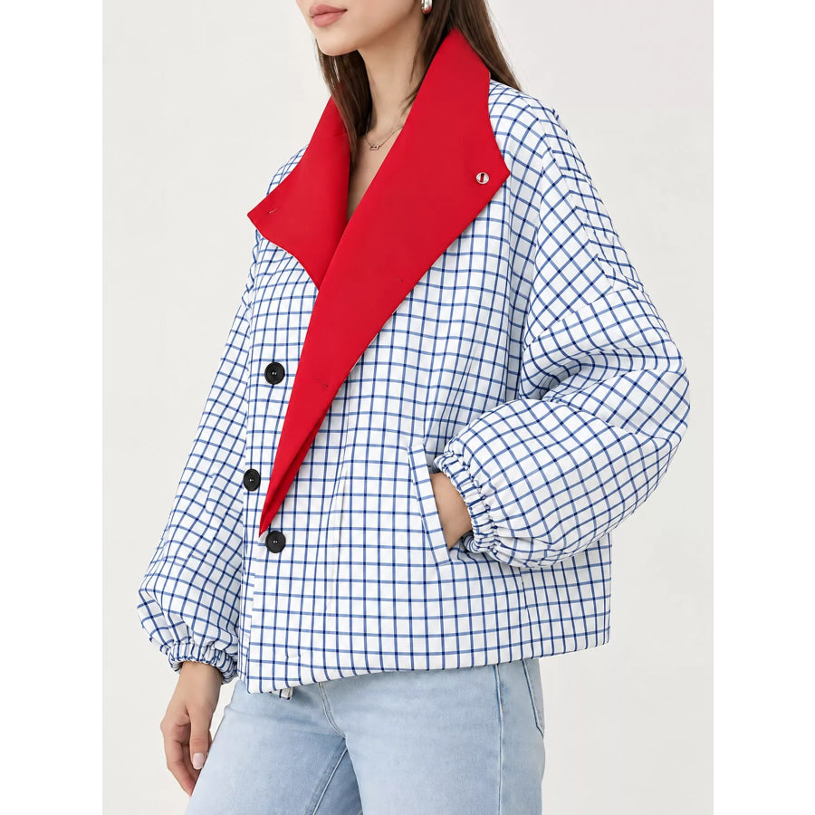 Contrast Lapel Plaid Casual Jacket Apparel and Accessories