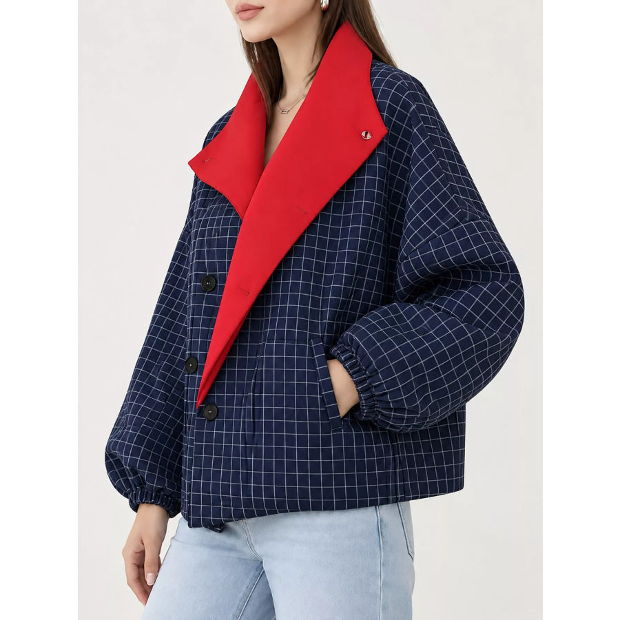 Contrast Lapel Plaid Casual Jacket Apparel and Accessories