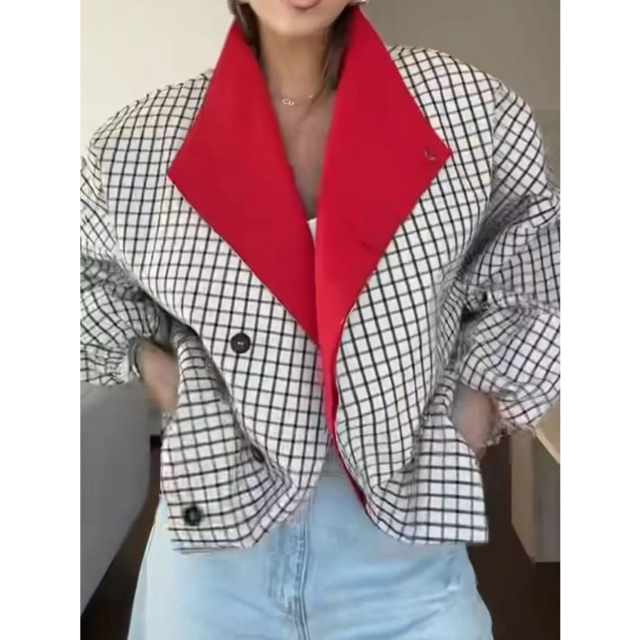 Contrast Lapel Plaid Casual Jacket Black And White Check / S Apparel Accessories