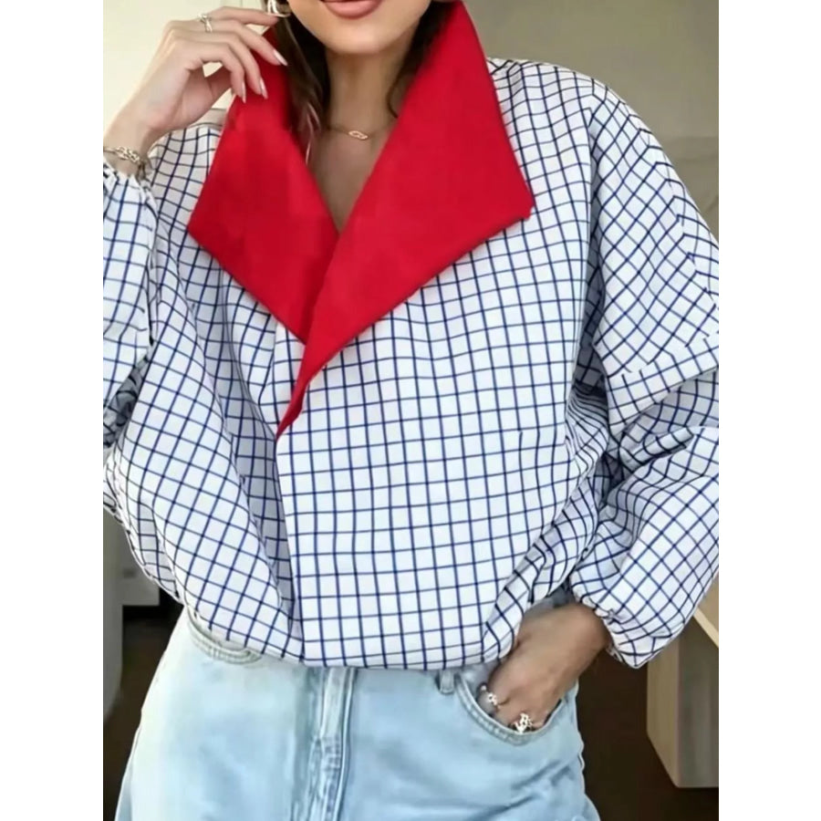 Contrast Lapel Plaid Casual Jacket Blue And White Check / S Apparel Accessories