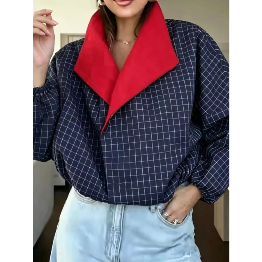 Contrast Lapel Plaid Casual Jacket Navy / S Apparel and Accessories