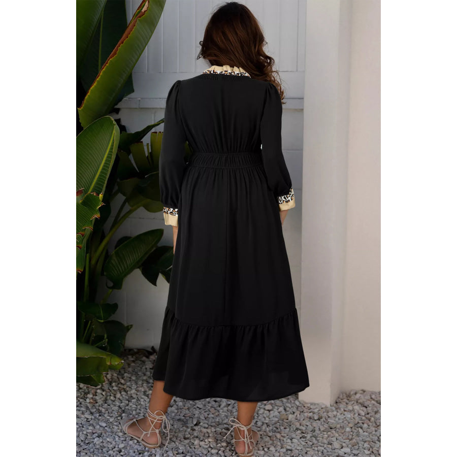 Contrast Leopard Frilled Trim V Neck Bracelet Sleeve Midi Dress Apparel and Accessories