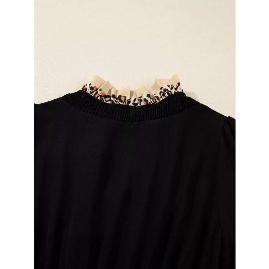 Contrast Leopard Frilled Trim V Neck Bracelet Sleeve Midi Dress Apparel and Accessories