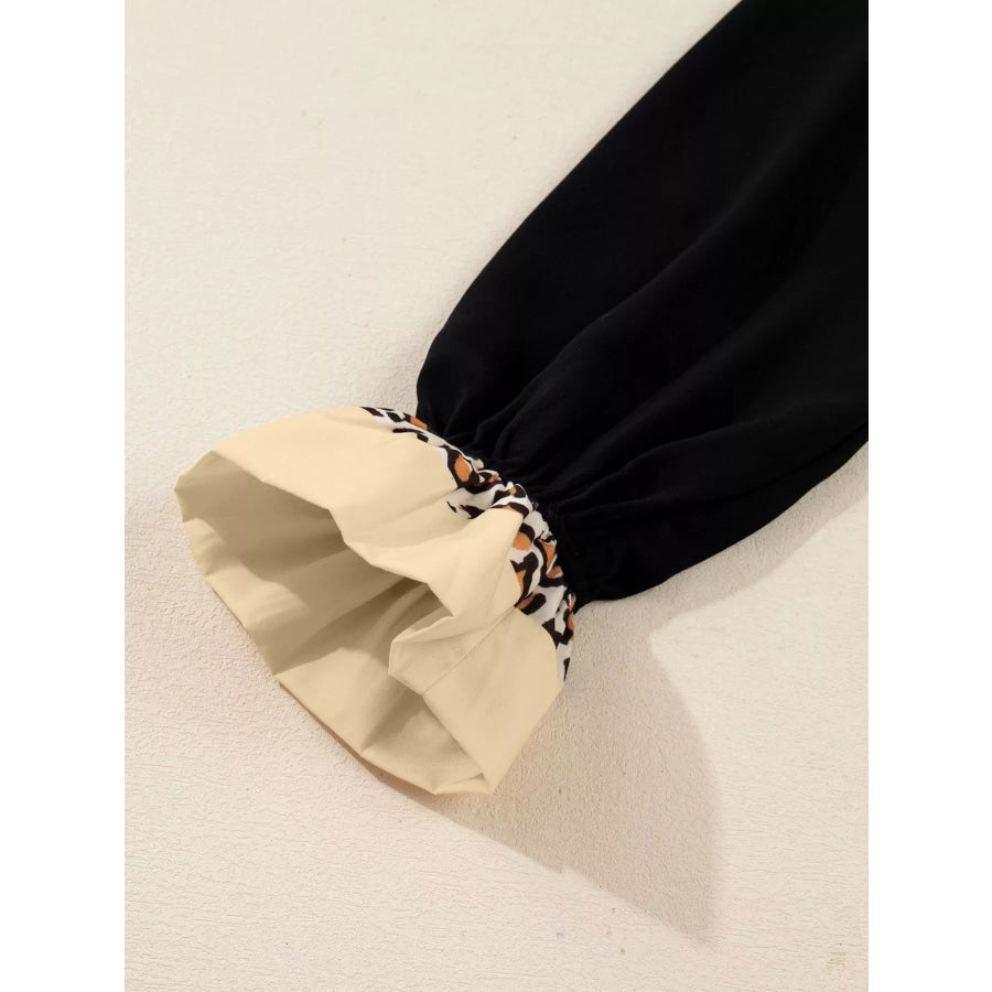 Contrast Leopard Frilled Trim V Neck Bracelet Sleeve Midi Dress Apparel and Accessories