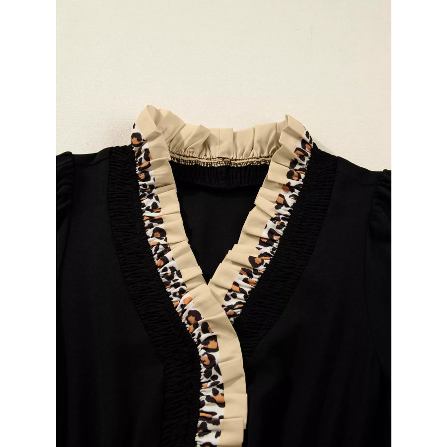Contrast Leopard Frilled Trim V Neck Bracelet Sleeve Midi Dress Apparel and Accessories