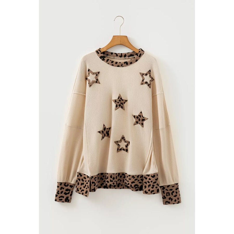 Contrast Leopard Star Patchwork Detail Raw Seam Baggy Sweatshirt Apparel and Accessories