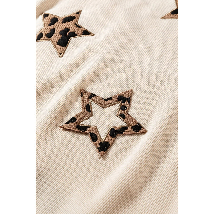 Contrast Leopard Star Patchwork Detail Raw Seam Baggy Sweatshirt Apparel and Accessories