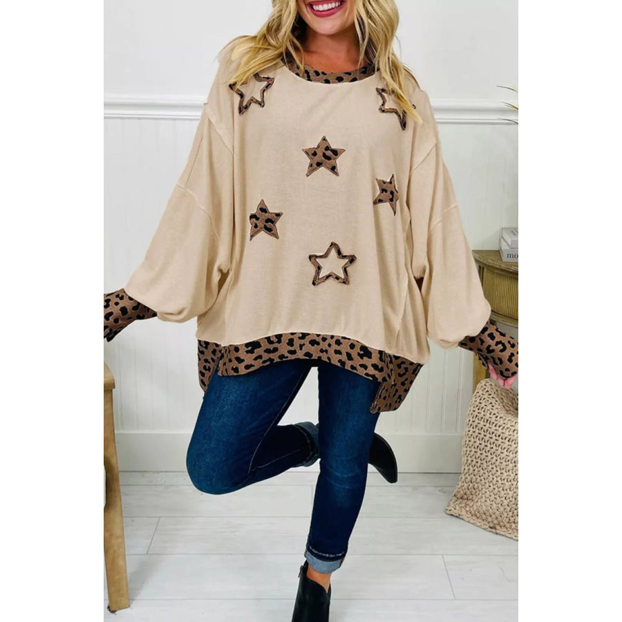 Contrast Leopard Star Patchwork Detail Raw Seam Baggy Sweatshirt Apparel and Accessories