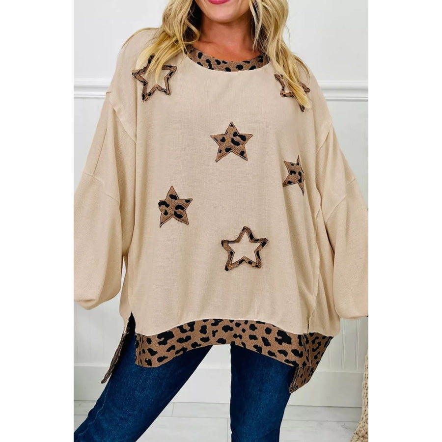 Contrast Leopard Star Patchwork Detail Raw Seam Baggy Sweatshirt Khaki / S Apparel and Accessories