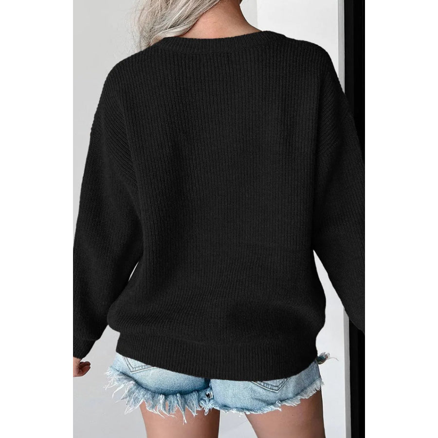 Contrast Letter Round Neck Long Sleeve Sweater Apparel and Accessories