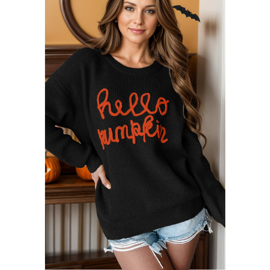 Contrast Letter Round Neck Long Sleeve Sweater Black / S Apparel and Accessories