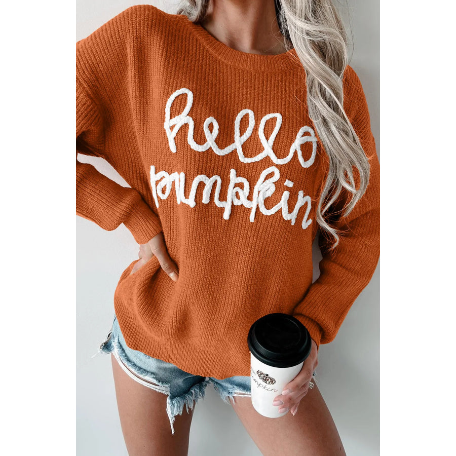 Contrast Letter Round Neck Long Sleeve Sweater Orange / S Apparel and Accessories