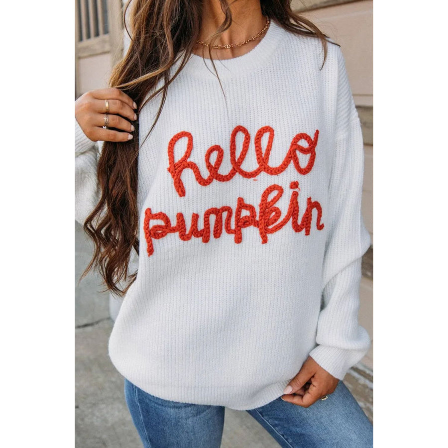 Contrast Letter Round Neck Long Sleeve Sweater White / S Apparel and Accessories