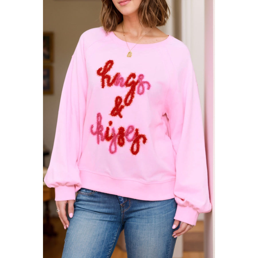 Contrast Letter Round Neck Long Sleeve Sweatshirt Pink / S Apparel and Accessories