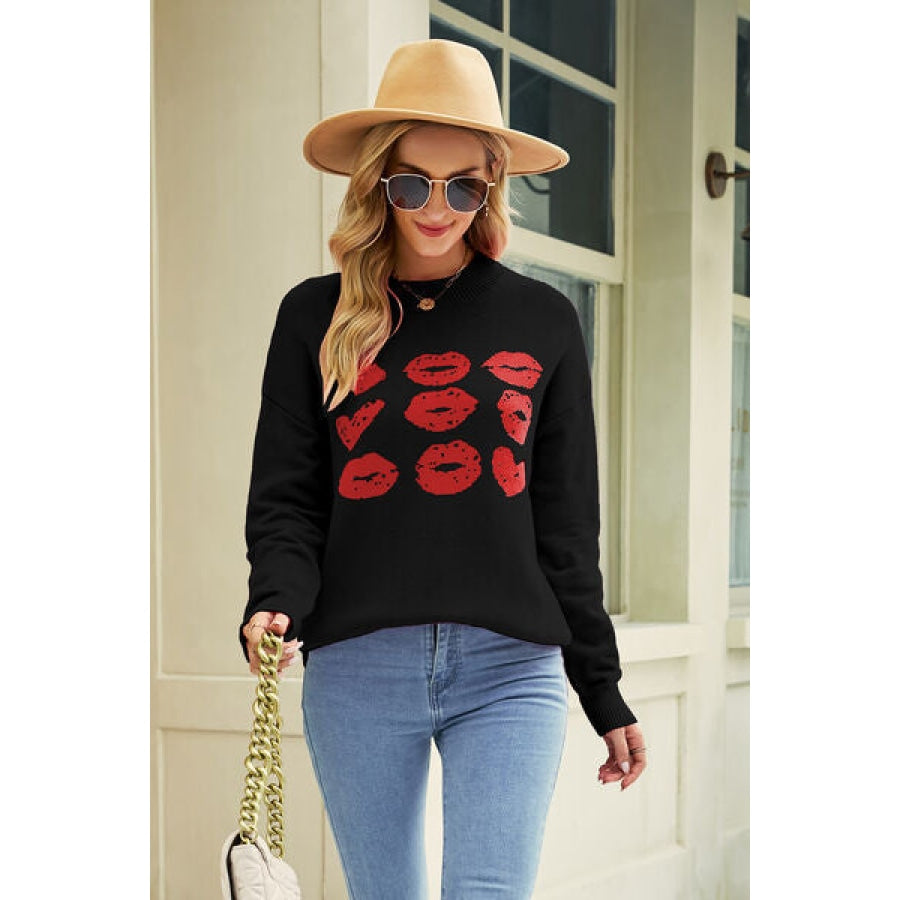 Contrast Lip Pattern Round Neck Slit Sweater Black / S Clothing