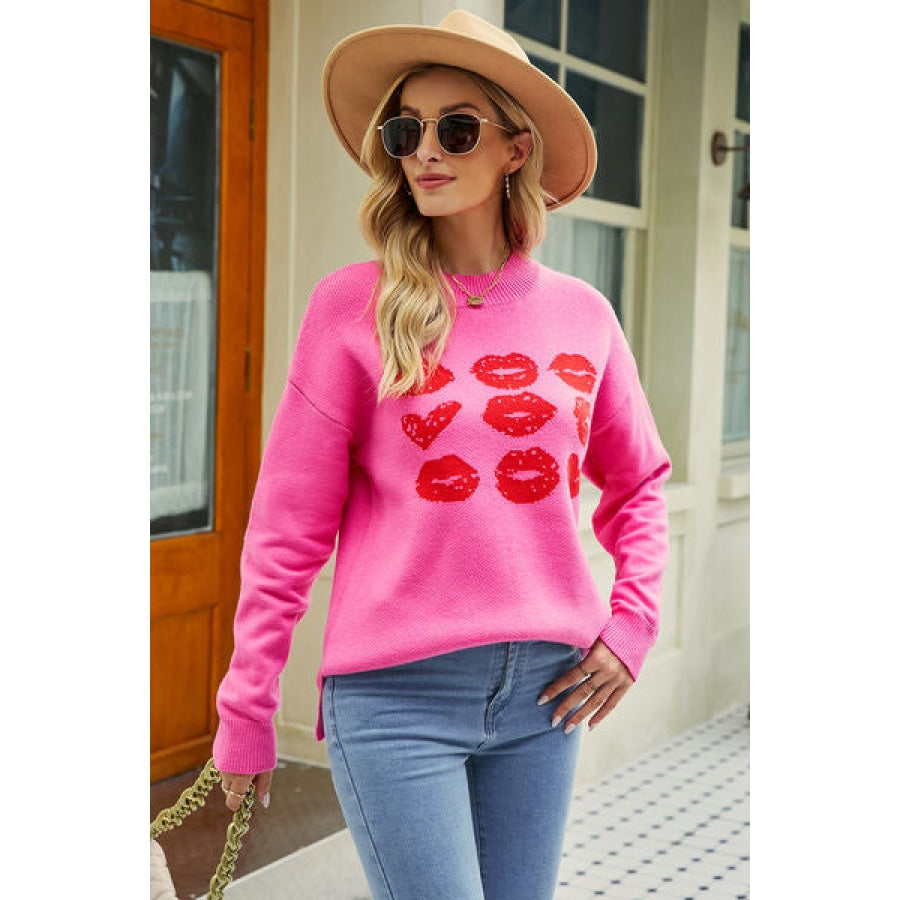 Contrast Lip Pattern Round Neck Slit Sweater Clothing