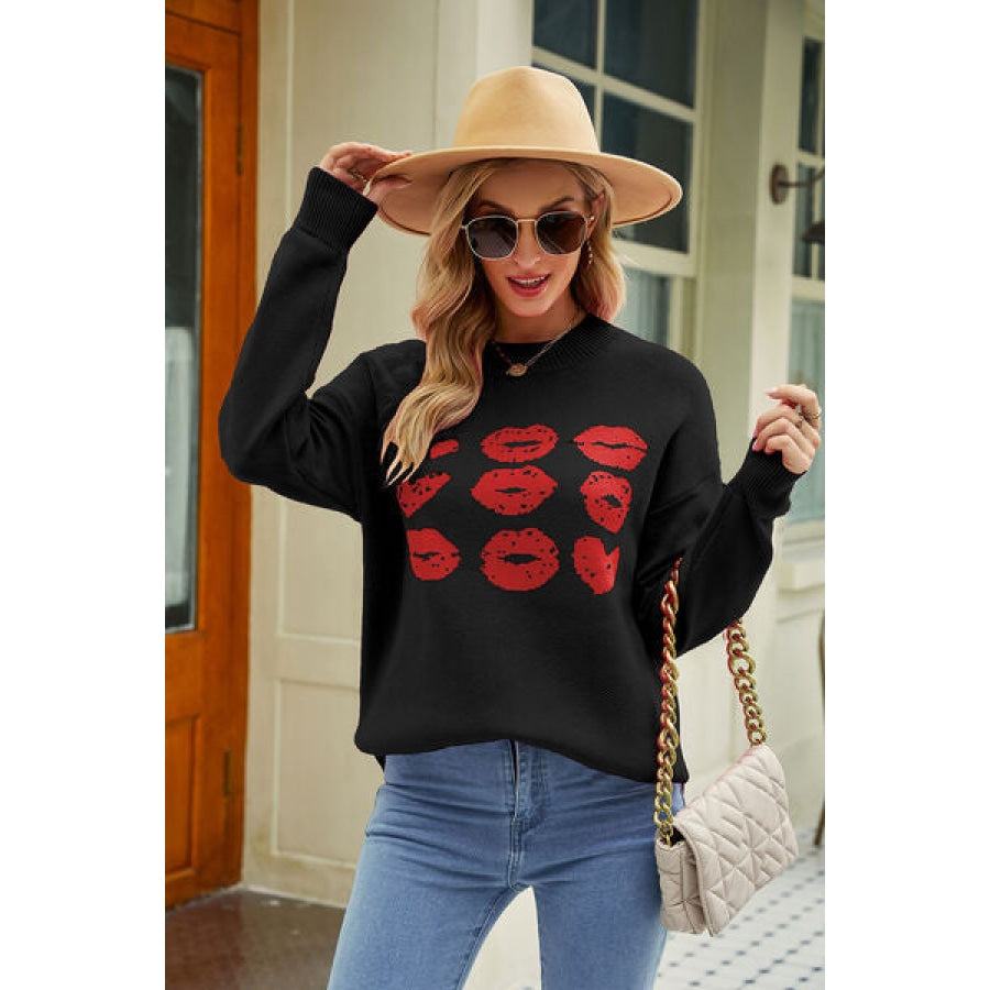 Contrast Lip Pattern Round Neck Slit Sweater Clothing