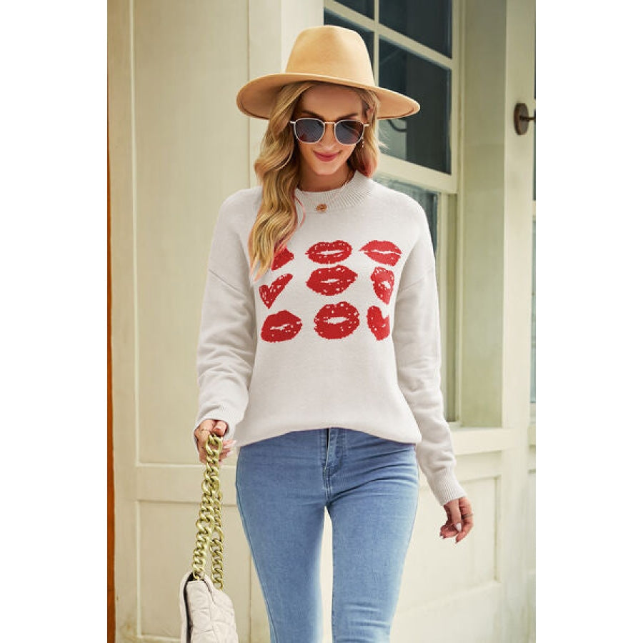 Contrast Lip Pattern Round Neck Slit Sweater Clothing