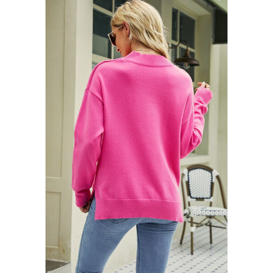 Contrast Lip Pattern Round Neck Slit Sweater Hot Pink / S Clothing